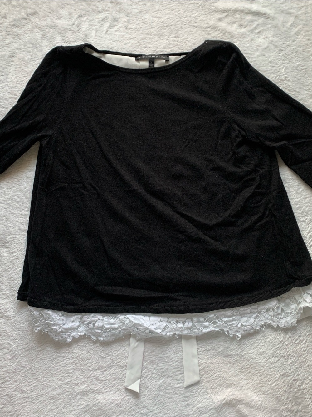 White House Black Market Black Long-Sleeve Top with White Lace Hem
